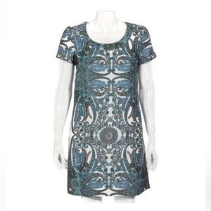 SEE BY CHLOE Paisley Floral Blue Green White Metallic Gold Shift Dress Size 2